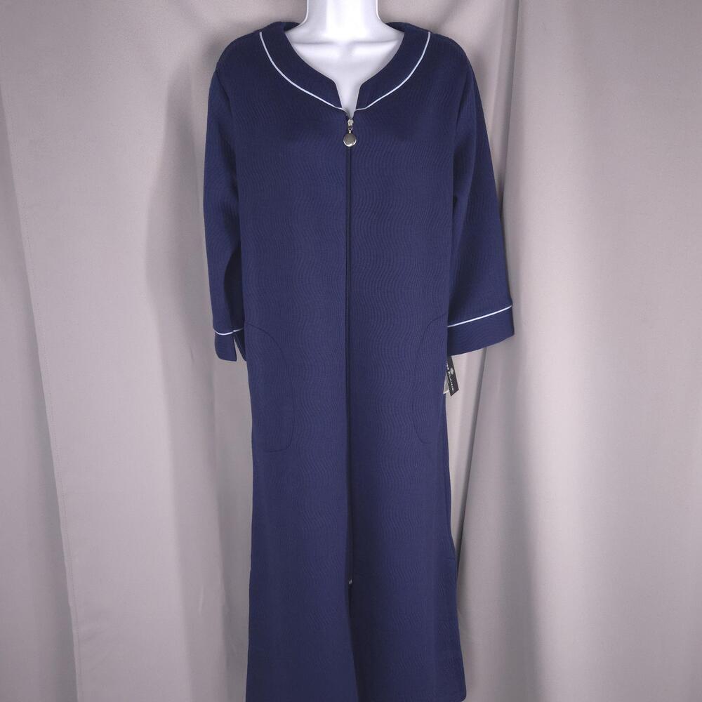 Miss Elaine Robe Womens S Blue Kimono Zip Front Long Housecoat Cozy Pockets NEW